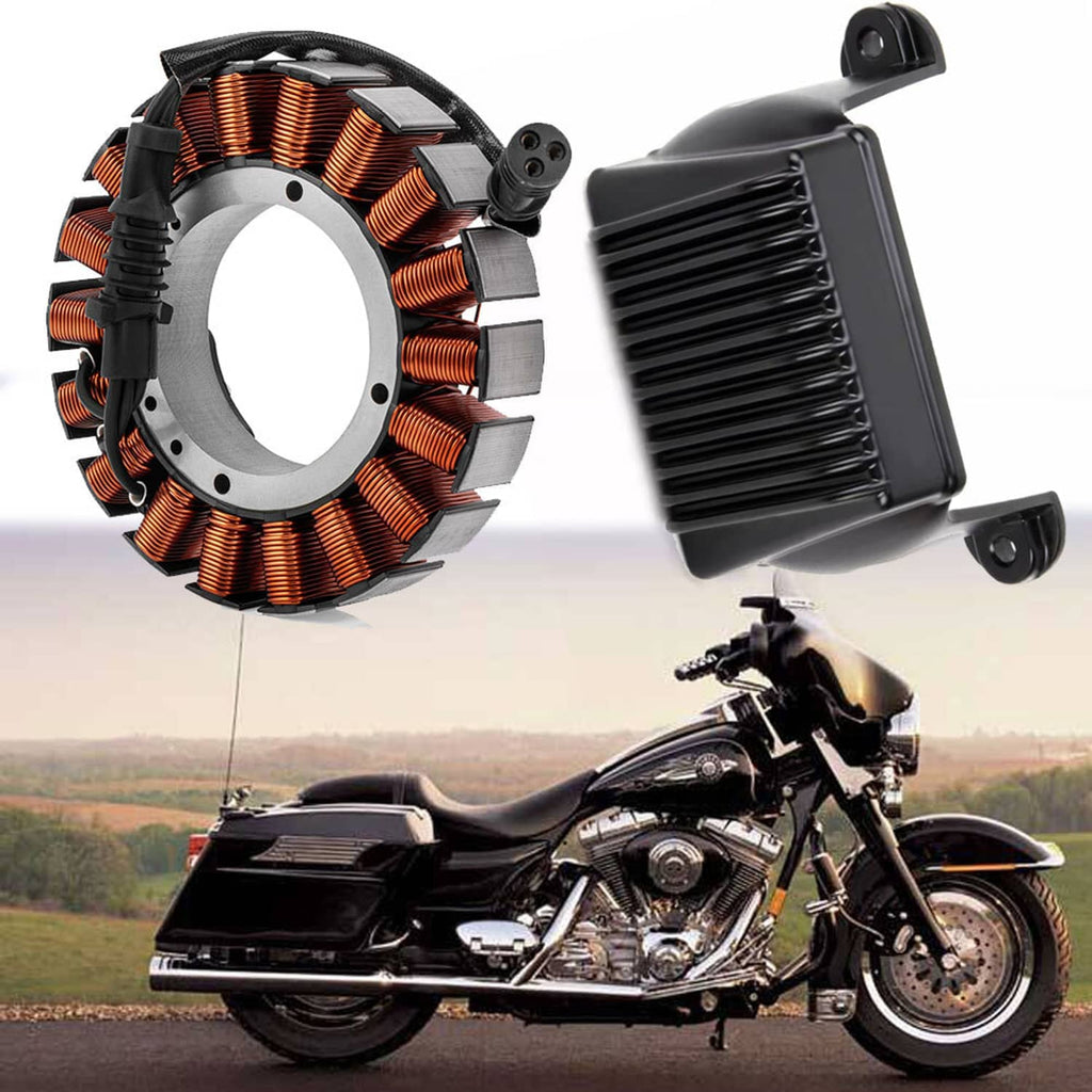 Motorcycle stator ring with copper windings and black regulator rectifier housing