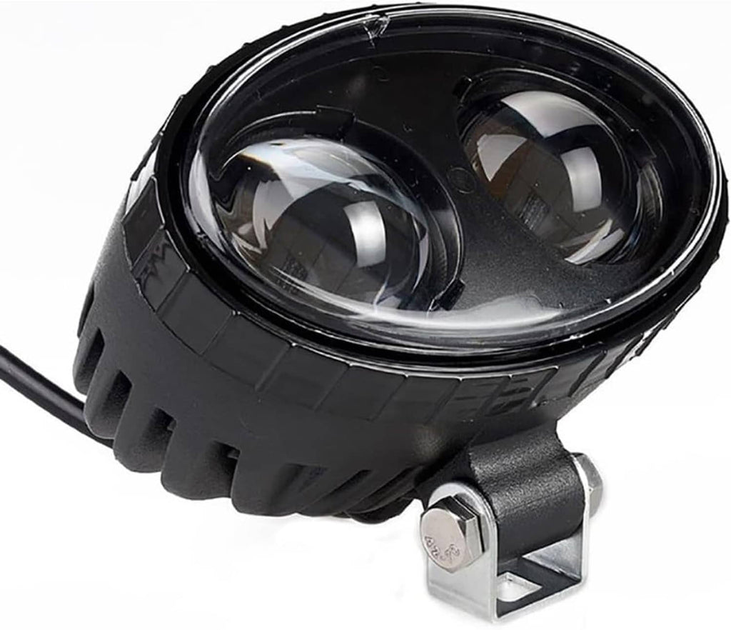 Dual-lens LED warning light with blue bulbs, black rugged housing and side mounting