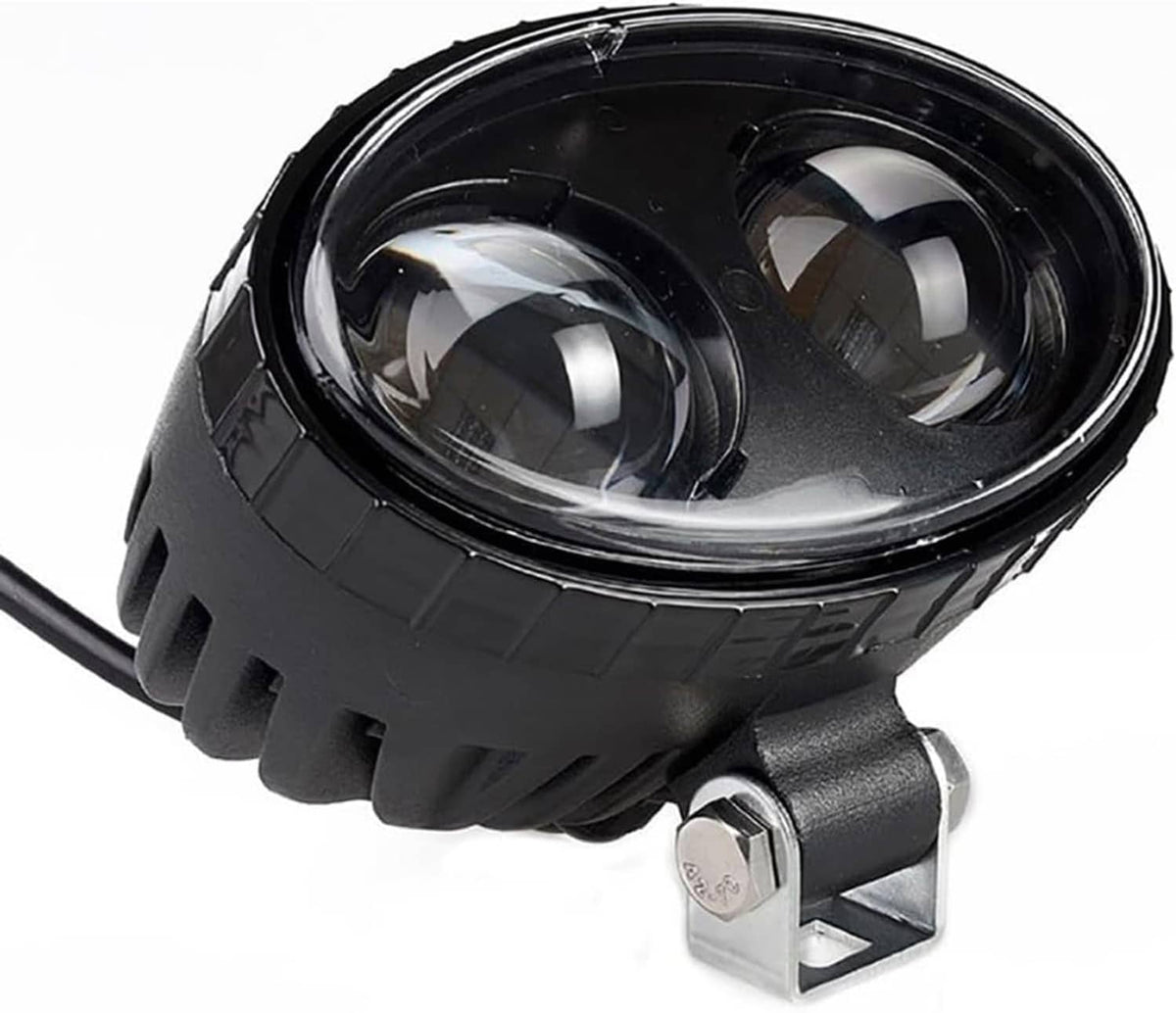 Dual-lens LED warning light with blue bulbs, black rugged housing and side mounting
