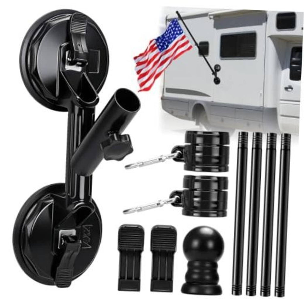 Suction cup flag holder mount with adjustable black flagpole and mounting hardware set
