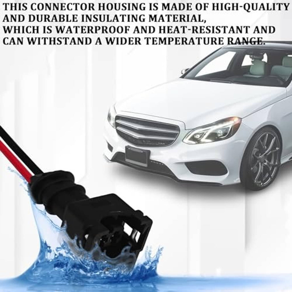 Fuel injector connector plug with black housing and red/black leads, water splash