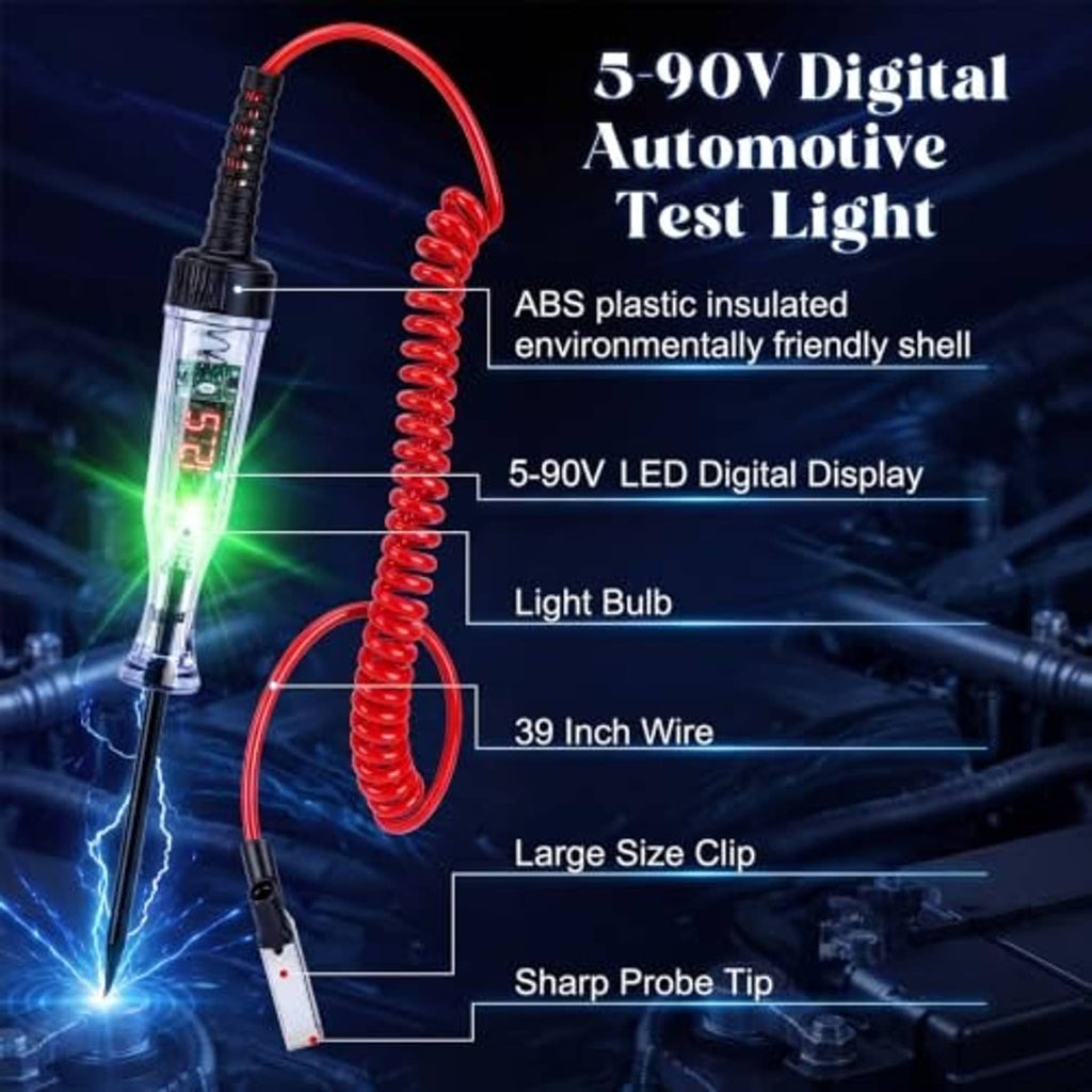 Automotive digital test light with green glow and transparent body, red coiled lead