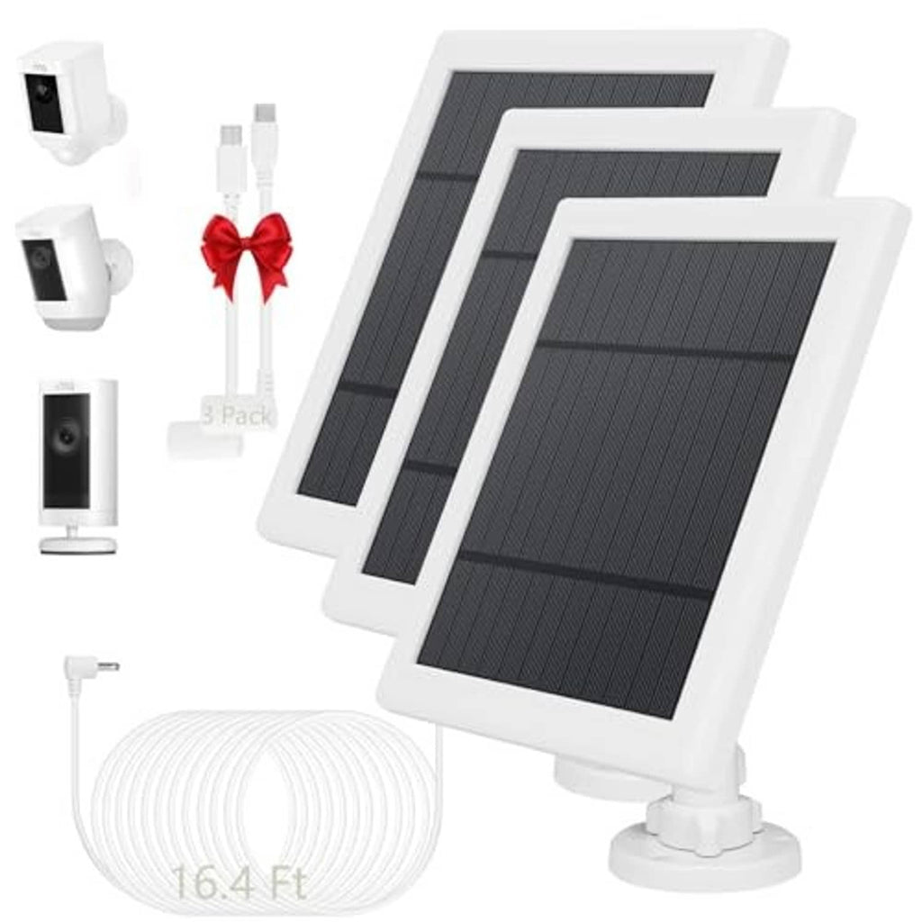Triple white solar panels with black cells and base stand, bundled with charging cable coil