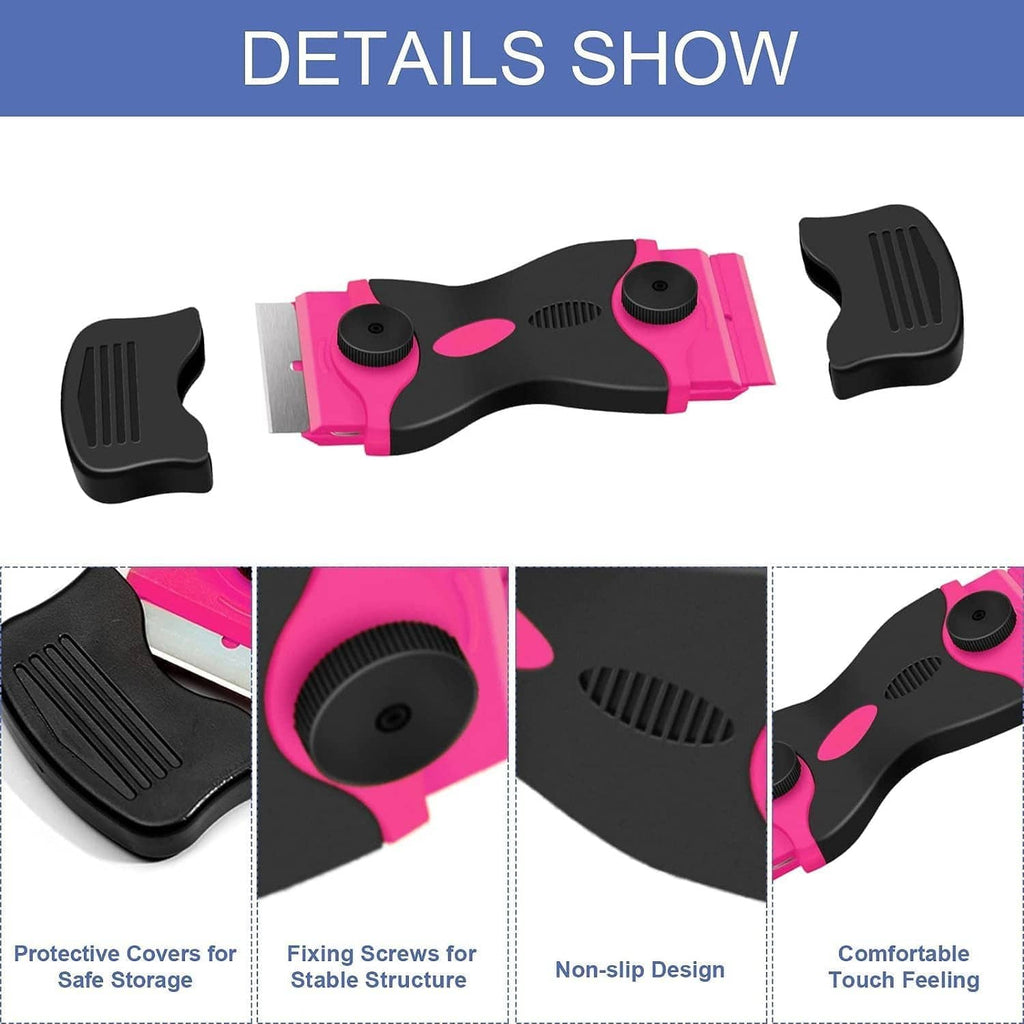 Double-edge razor scraper with pink handle, two black protective covers, non-slip grip