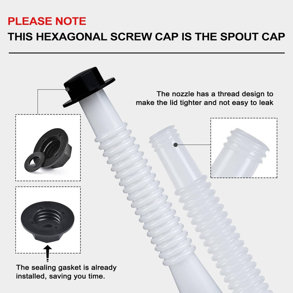 White corrugated spout with black hex screw cap, including sealing gasket
