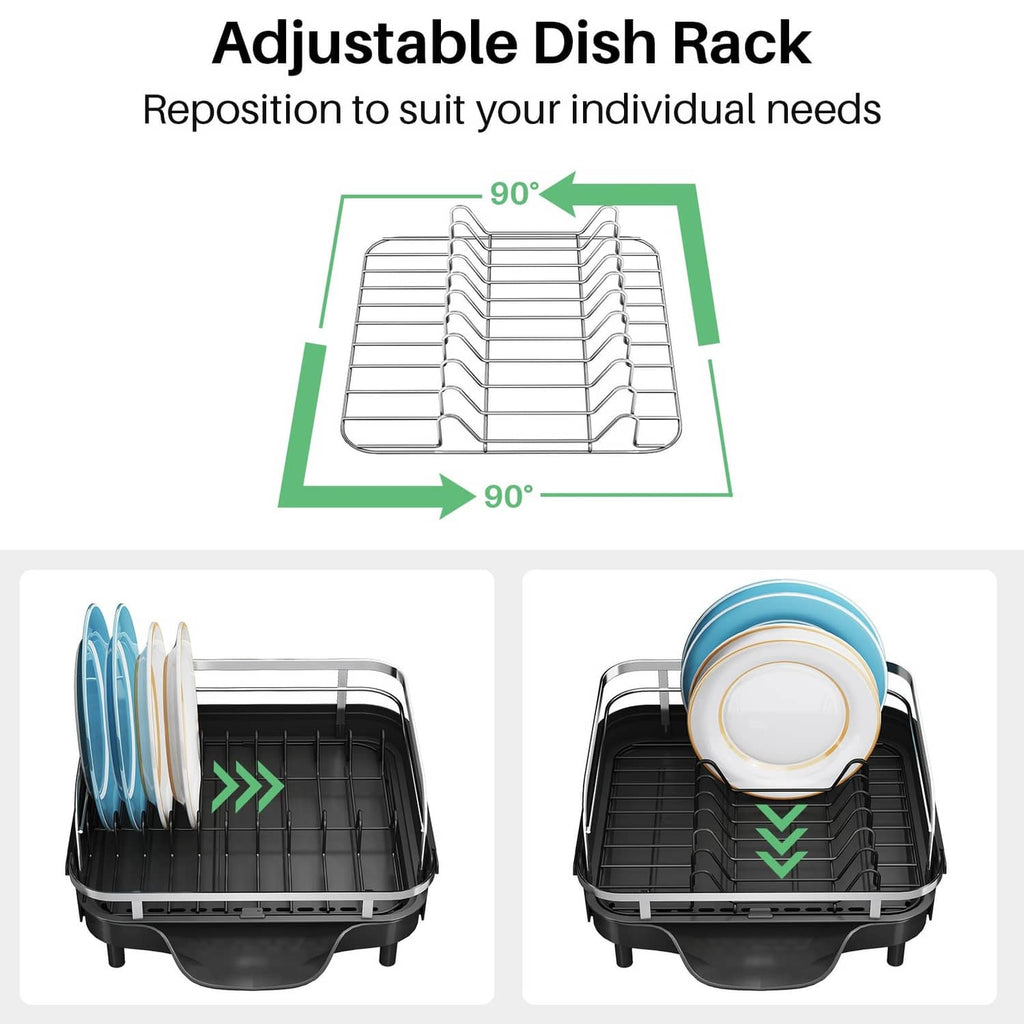 Black adjustable dish rack with collapsible wire supports for dishes