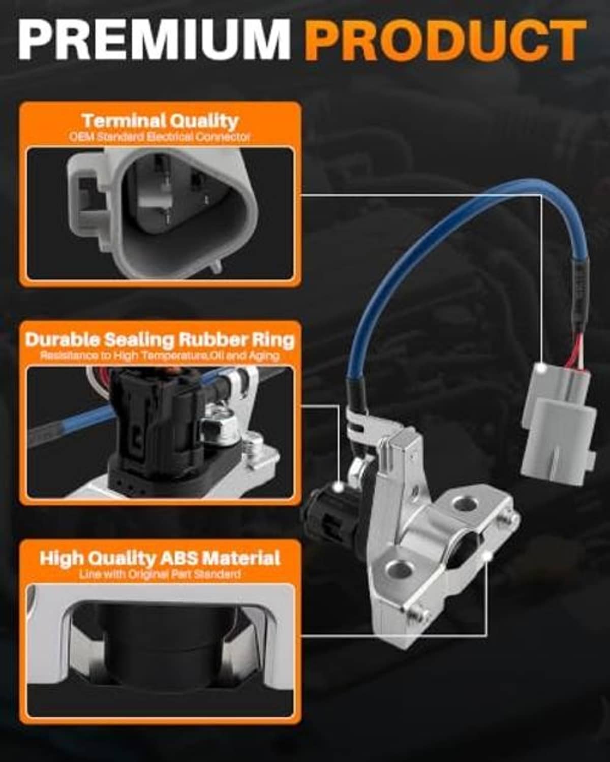 Camshaft position sensor detail graphic showing terminal connector, sealing ring, and ABS material