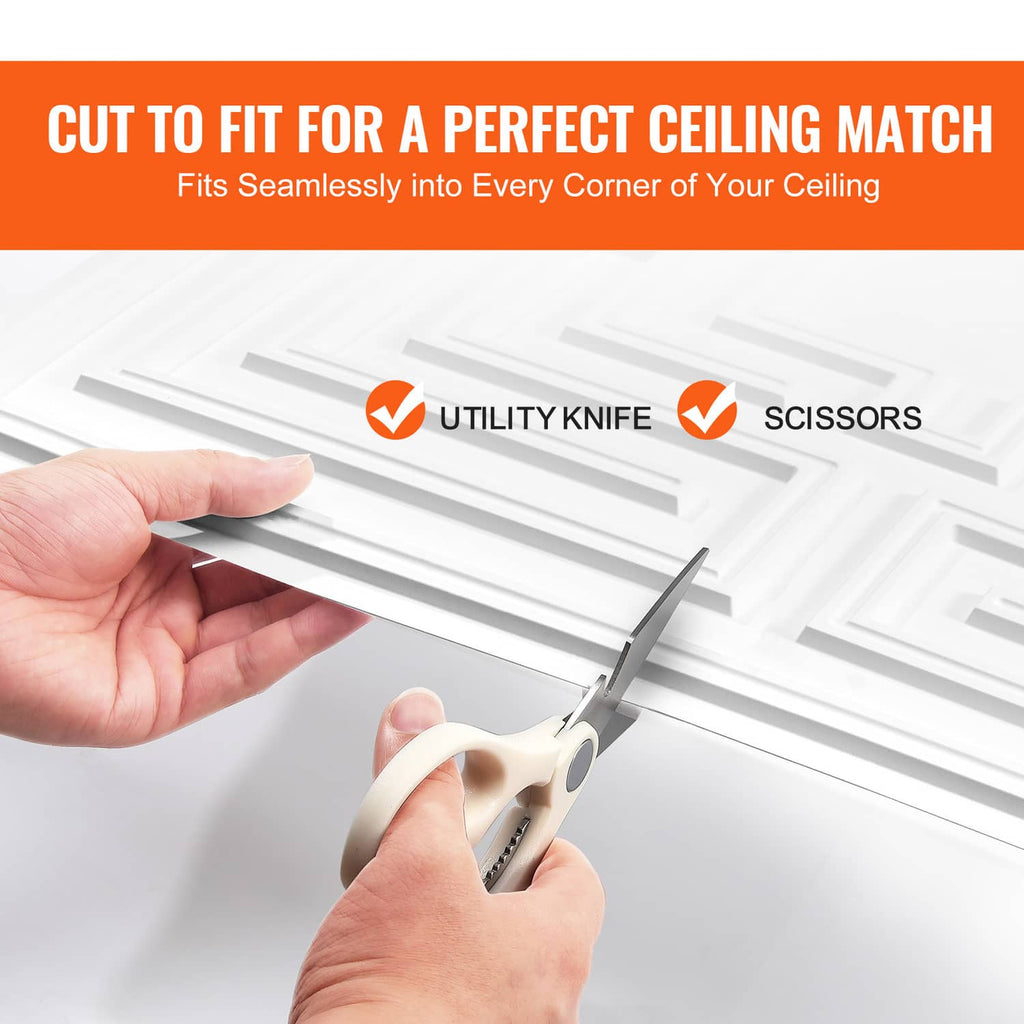 Hands cutting a white PVC ceiling tile to fit, echo geometric pattern