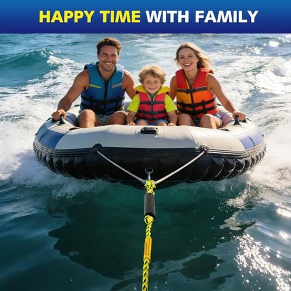 Yellow-and-black braided tow rope hanging from an inflatable boat for towing.