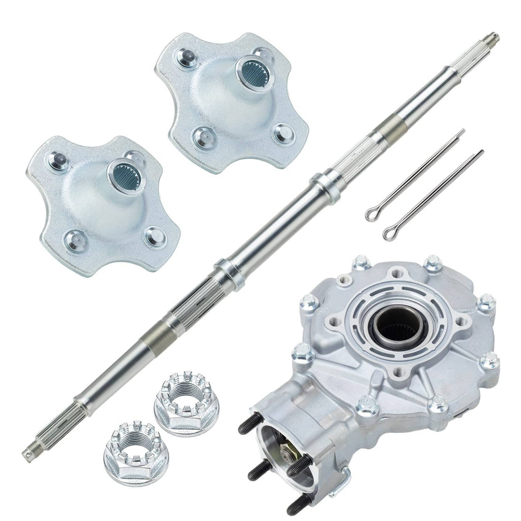 Rear differential axle shaft kit with two wheel hubs, differential housing, axle shaft, and nuts