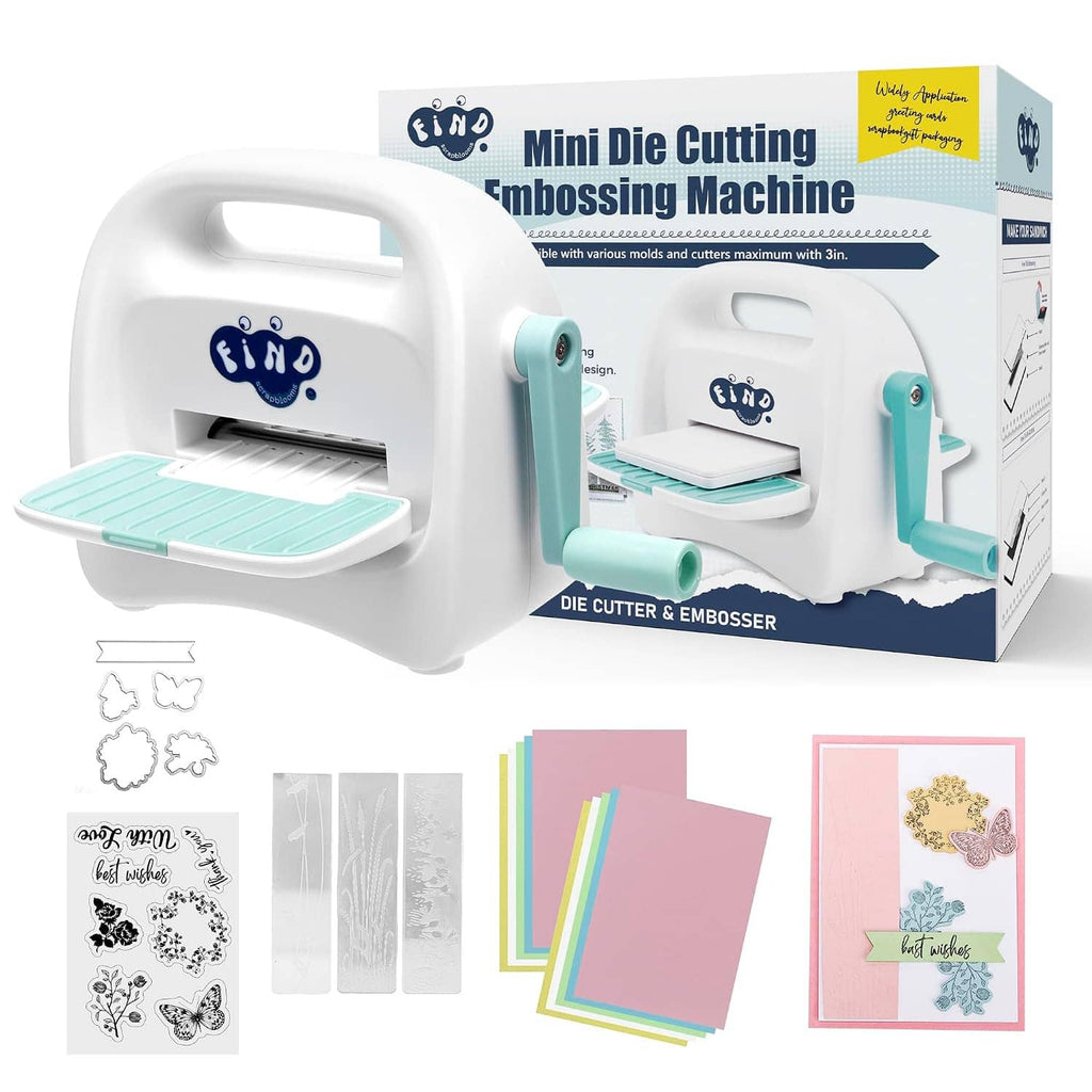 Mini die cutting and embossing machine set with teal handle and included card samples