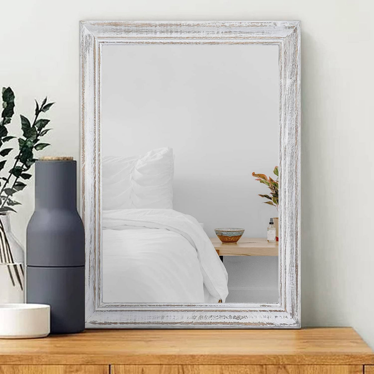 Rustic rectangular wall mirror with distressed white wood frame, slim border