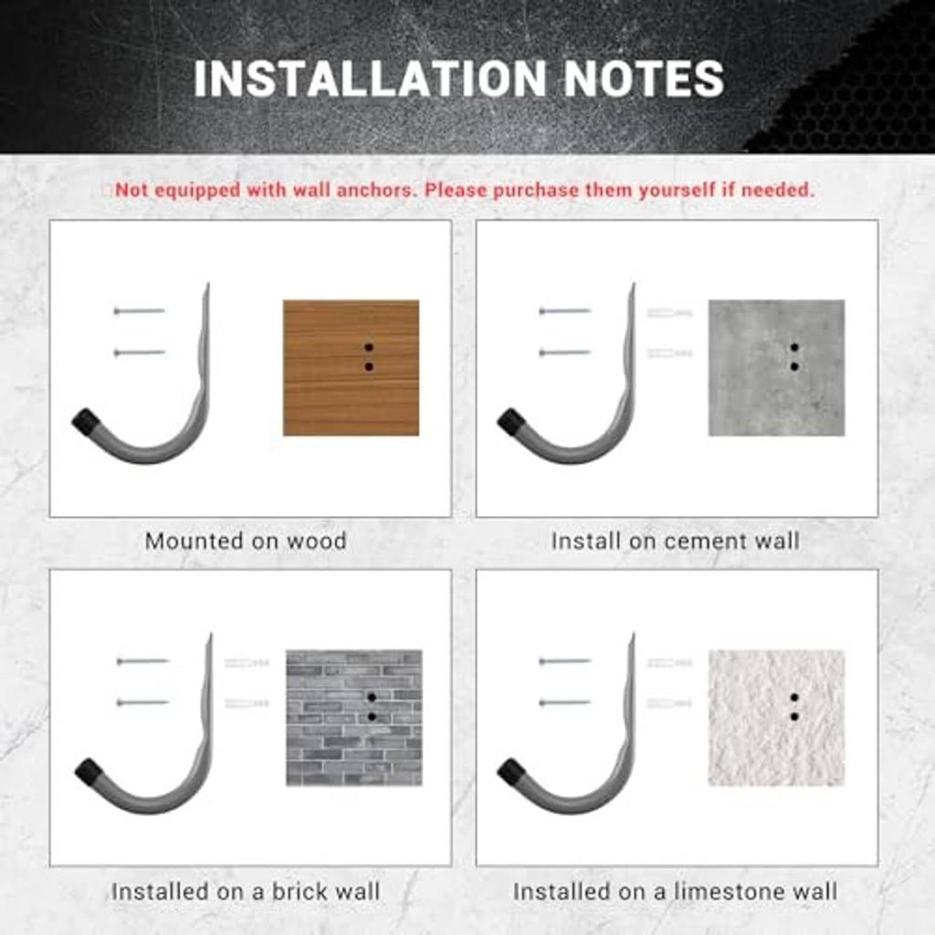 Gray wall hooks with black rubber ends for installation on wood or concrete