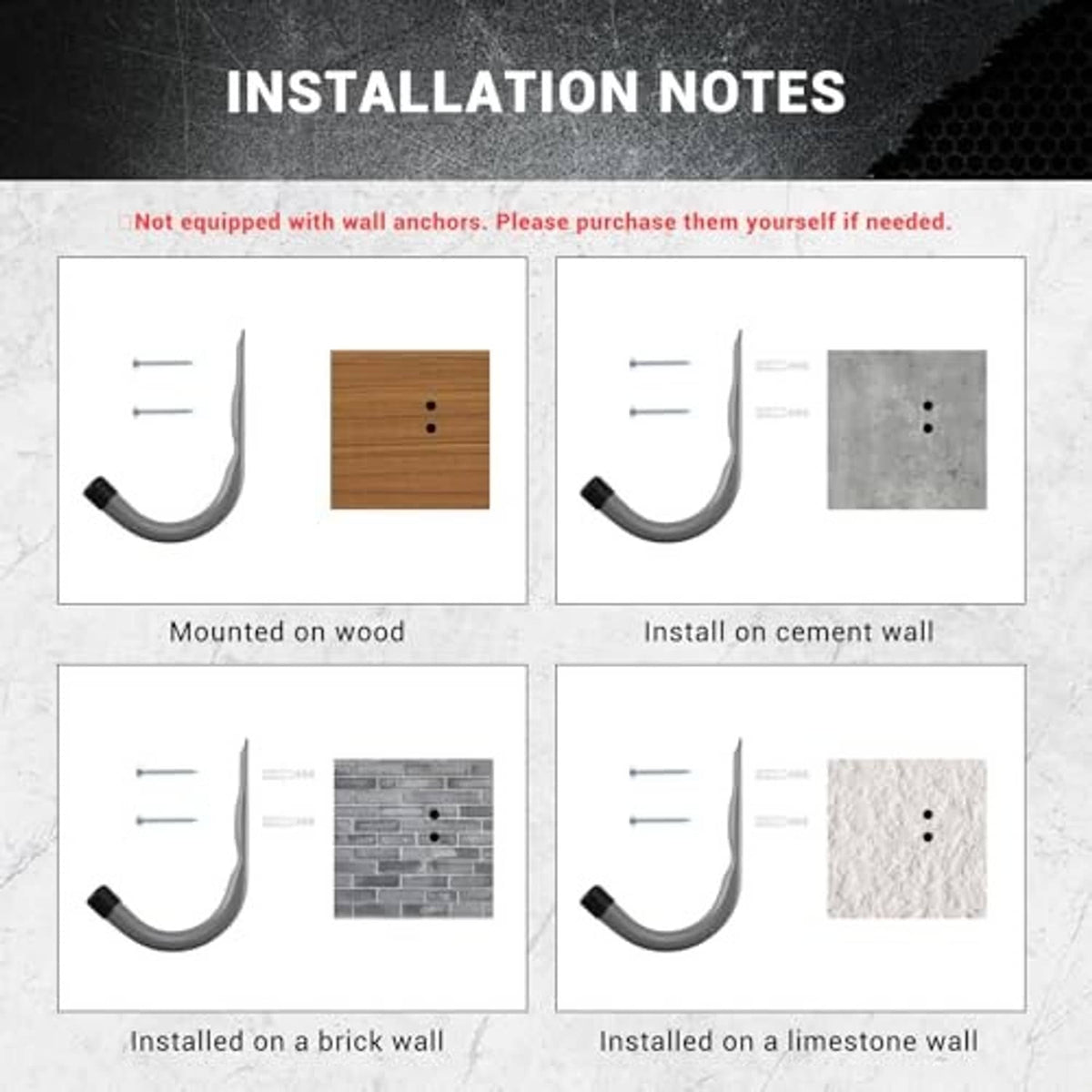 Gray wall hooks with black rubber ends for installation on wood or concrete