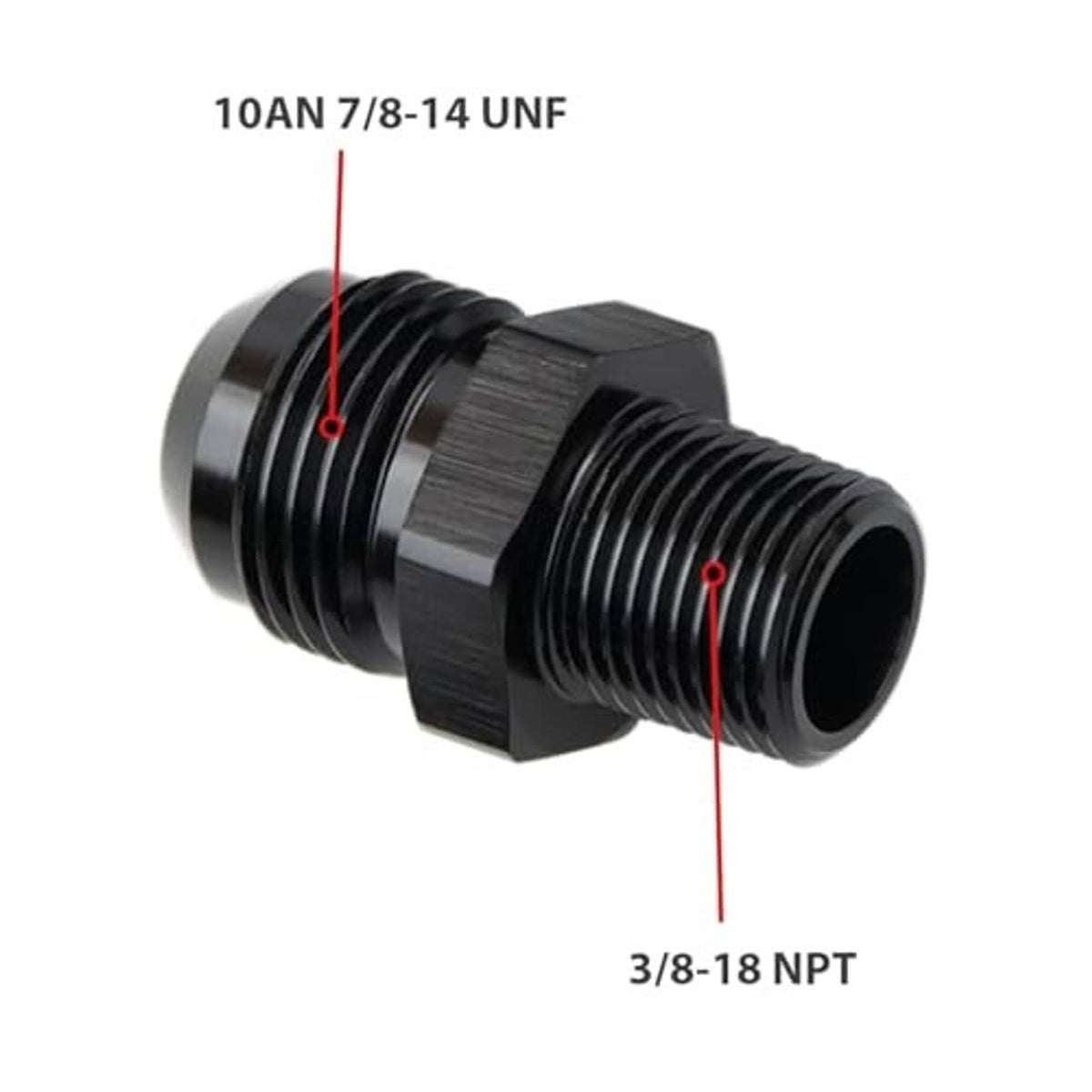 Black 10AN to 3/8 in NPT male union adapter fitting with hex ends and dual threads
