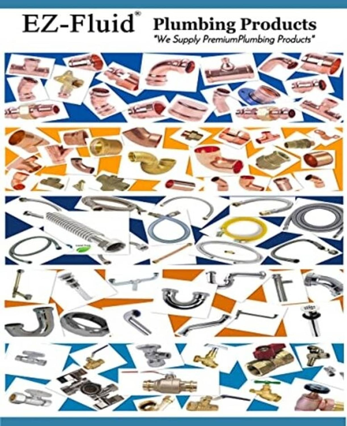 EZ-Fluid plumbing products catalog cover with illustrated plumbing fittings assortment