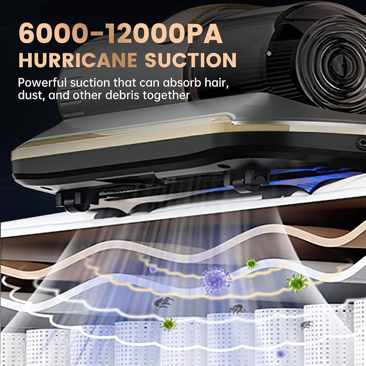 Mattress vacuum suction head with dark nozzle and beige rim, visible airflow vents