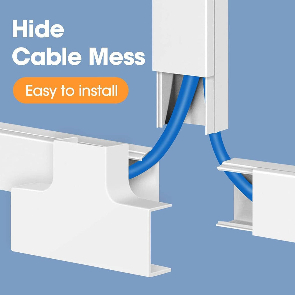 White cord hider raceway channel covers with corner section to conceal cables