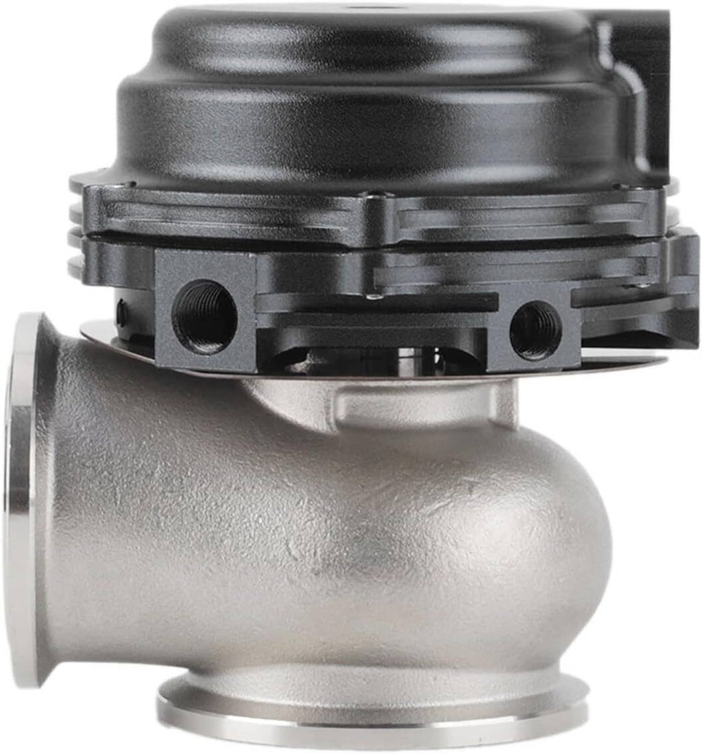 External turbo wastegate with silver body and black spring cover, angled side view