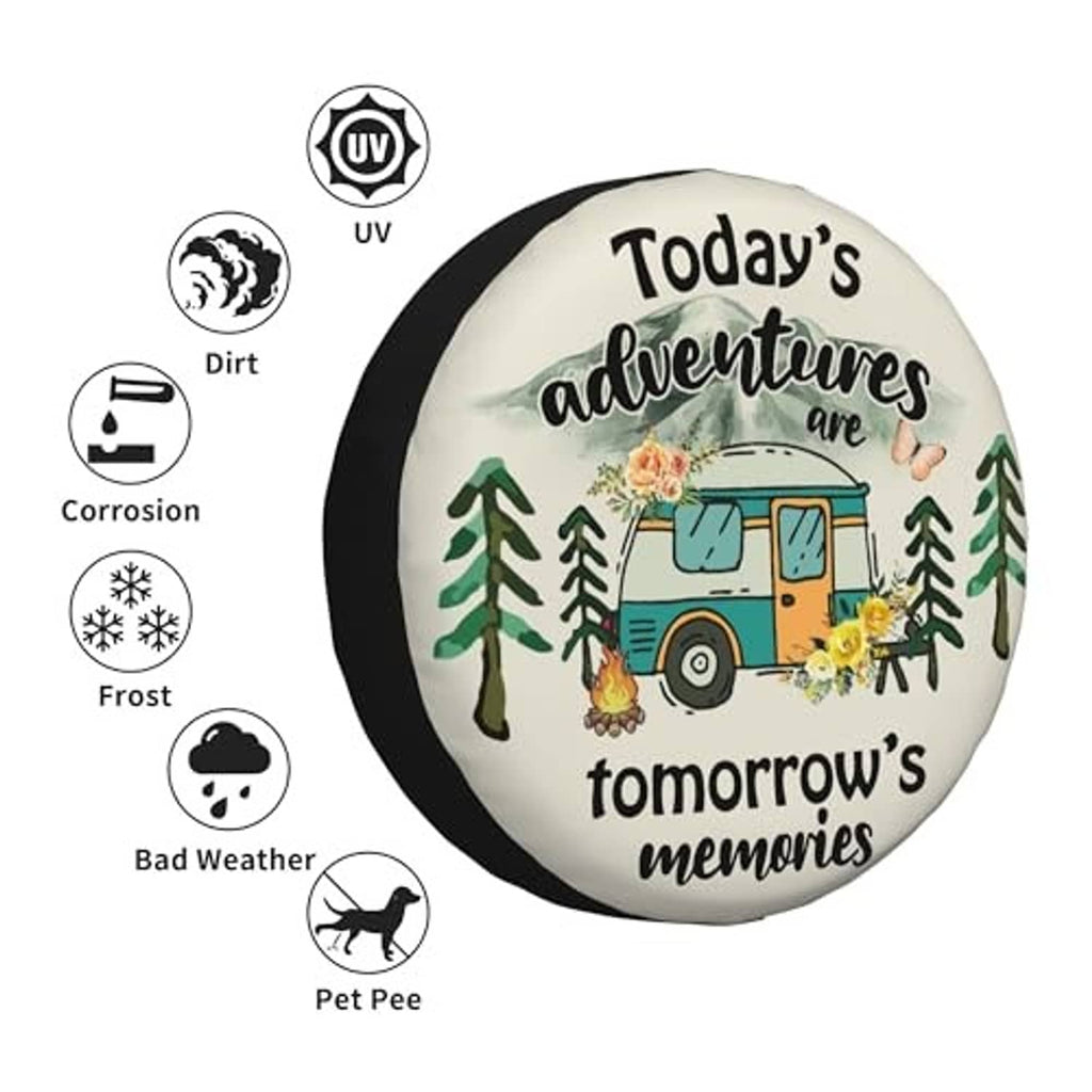 Spare tire cover with protection icons: UV, dirt, corrosion, frost, bad weather, pet pee