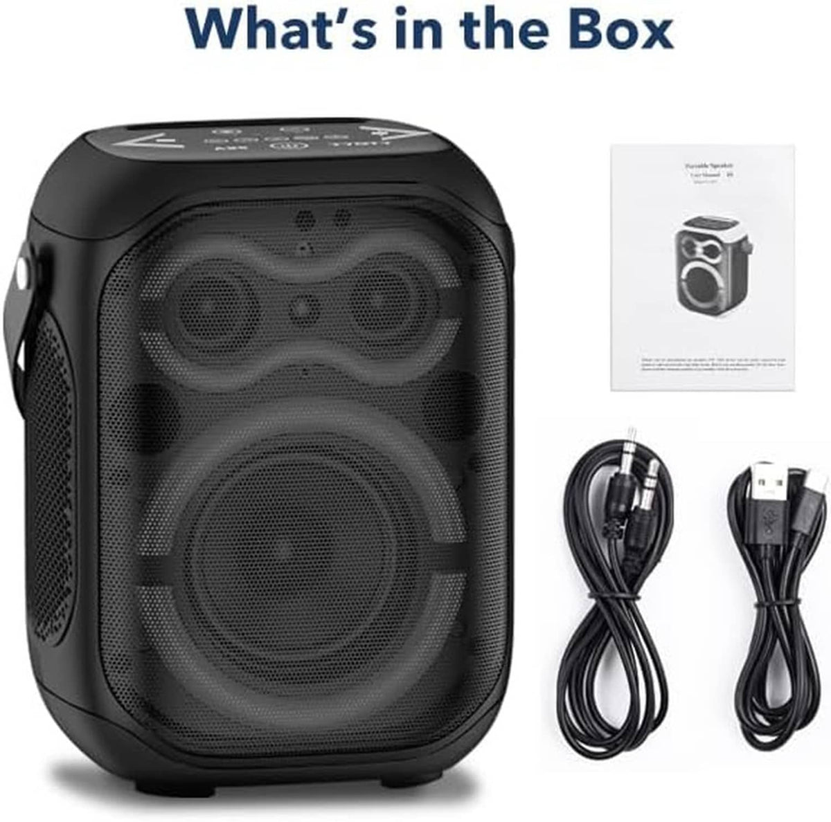Portable Bluetooth speaker with accessory cables in box contents