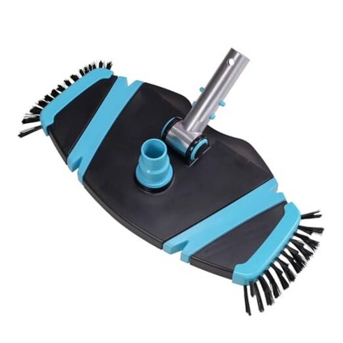 Rectangular pool vacuum head with side brushes, black-and-blue base, hose connection