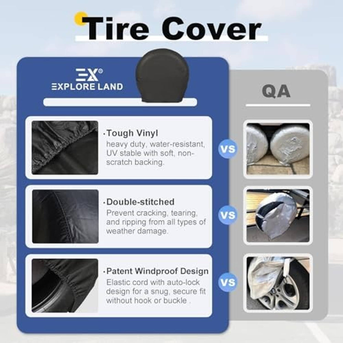 Black tire cover shown above a feature comparison packaging graphic