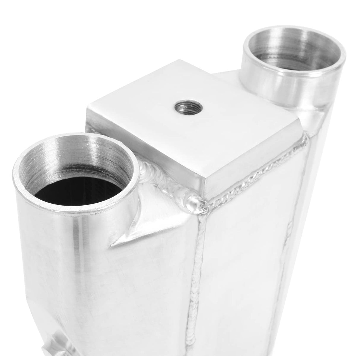 Universal air-to-water intercooler close-up of two ports and welded seam on housing
