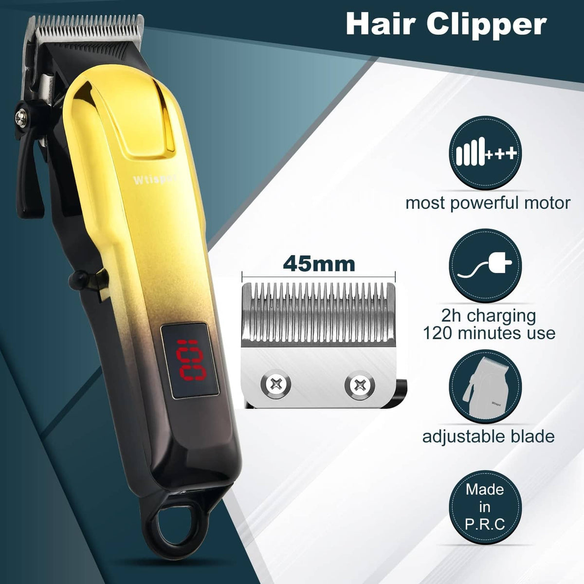 Gold cordless hair clipper with adjustable blade and charging indicator on display