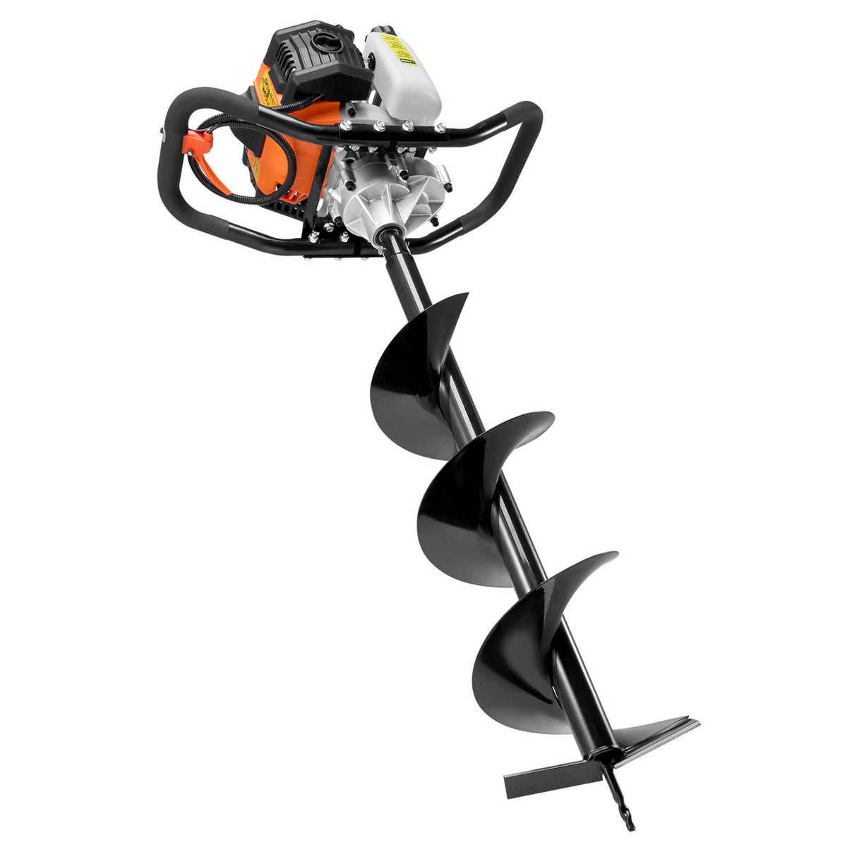 Gas post hole digger side view with black 8-inch auger and handle, gas engine motor