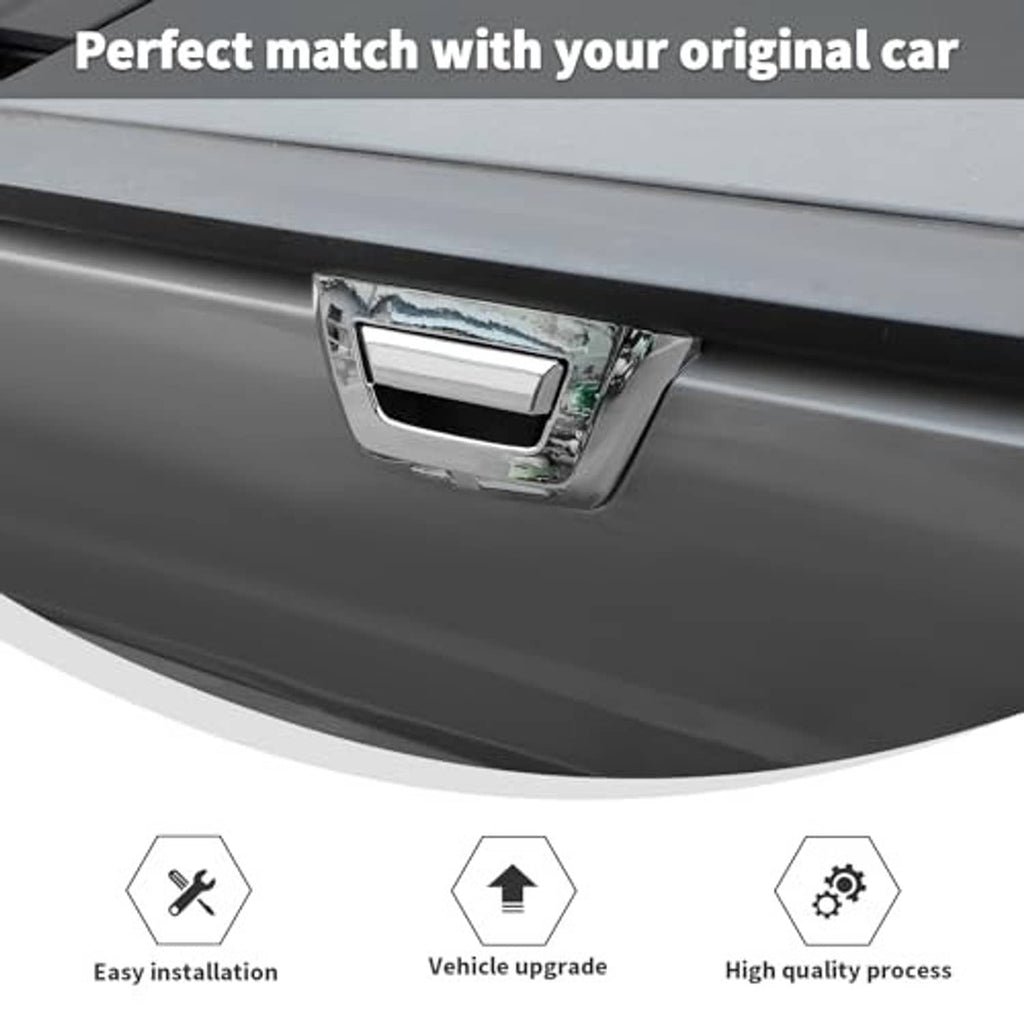 Chrome tailgate handle cover on tailgate panel, chrome bezel with black insert