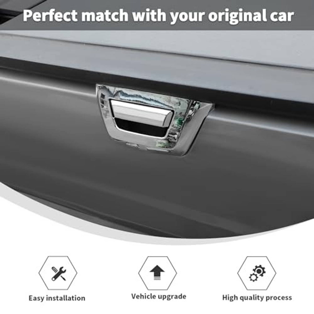 Chrome tailgate handle cover on tailgate panel, chrome bezel with black insert