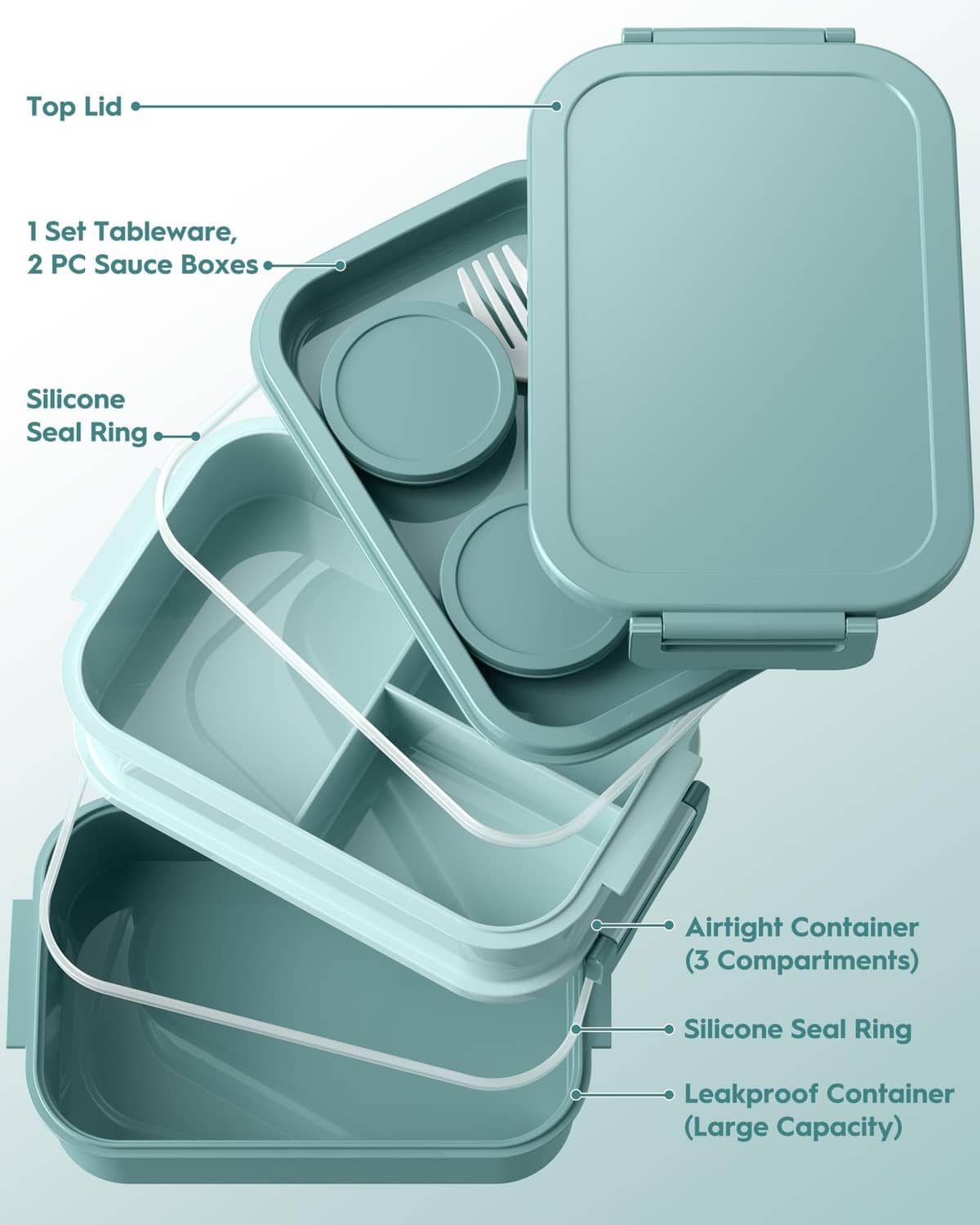 Mint green bento lunch box open with compartments, seal rings, and airtight lid