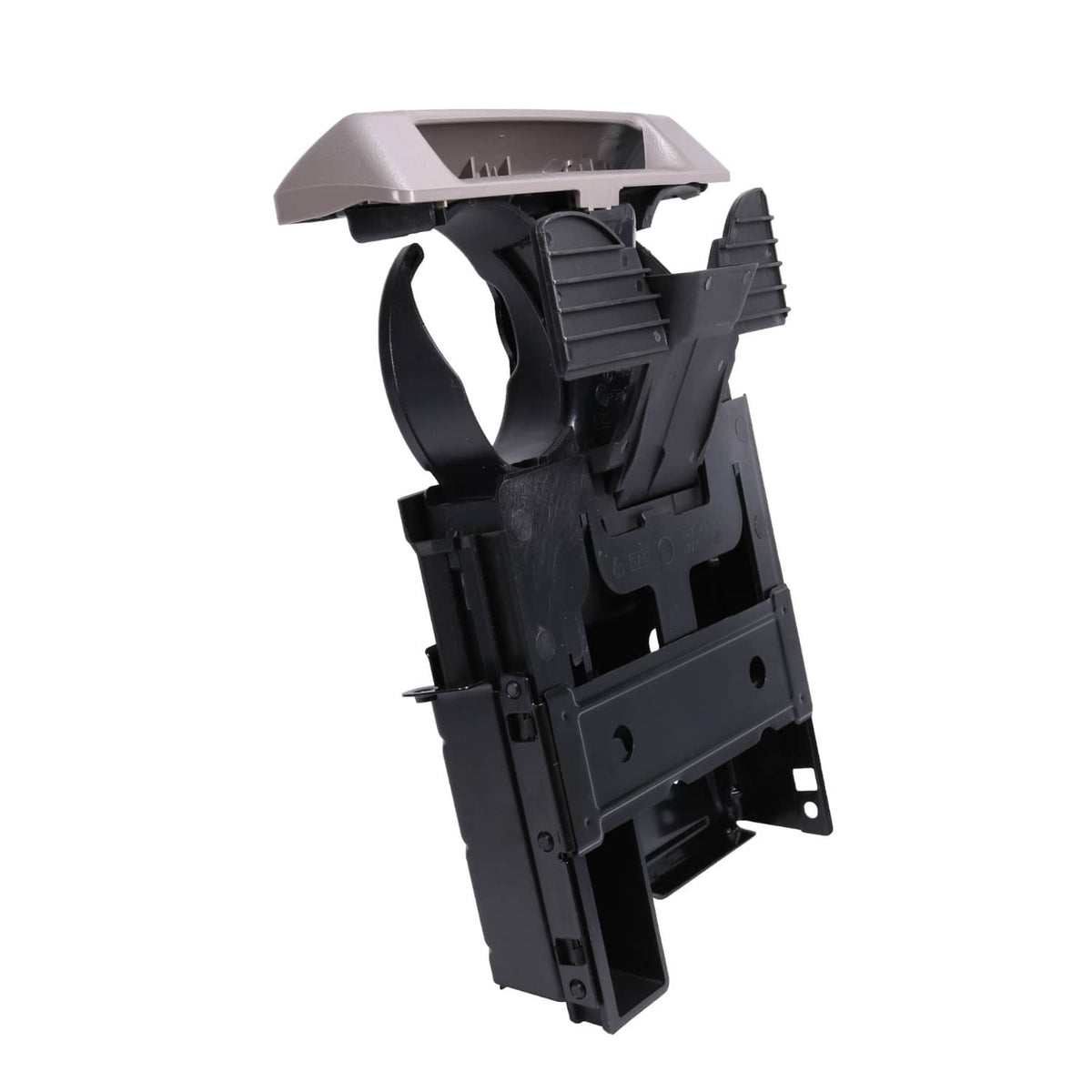 Dashboard cup holder ashtray module with side opening and dual cup holders, dark gray/black