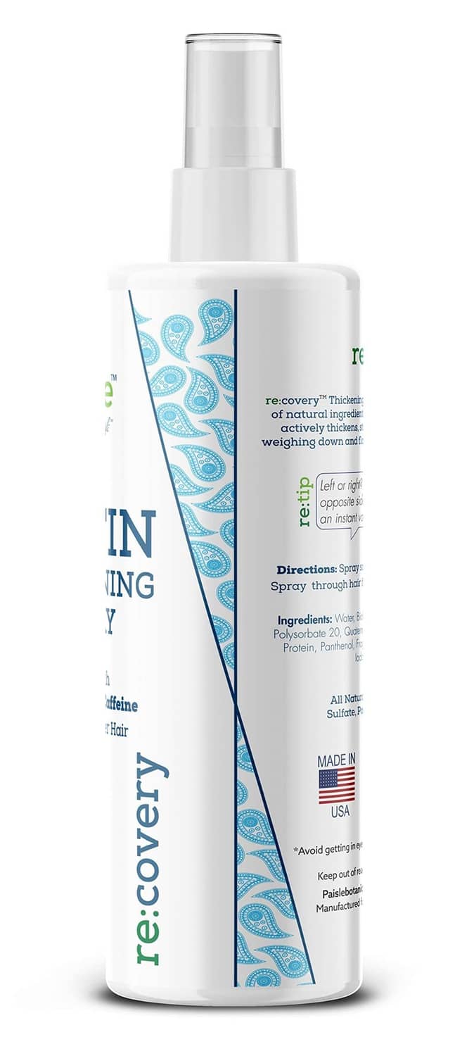 Biotin hair thickening spray bottle side panel with product details