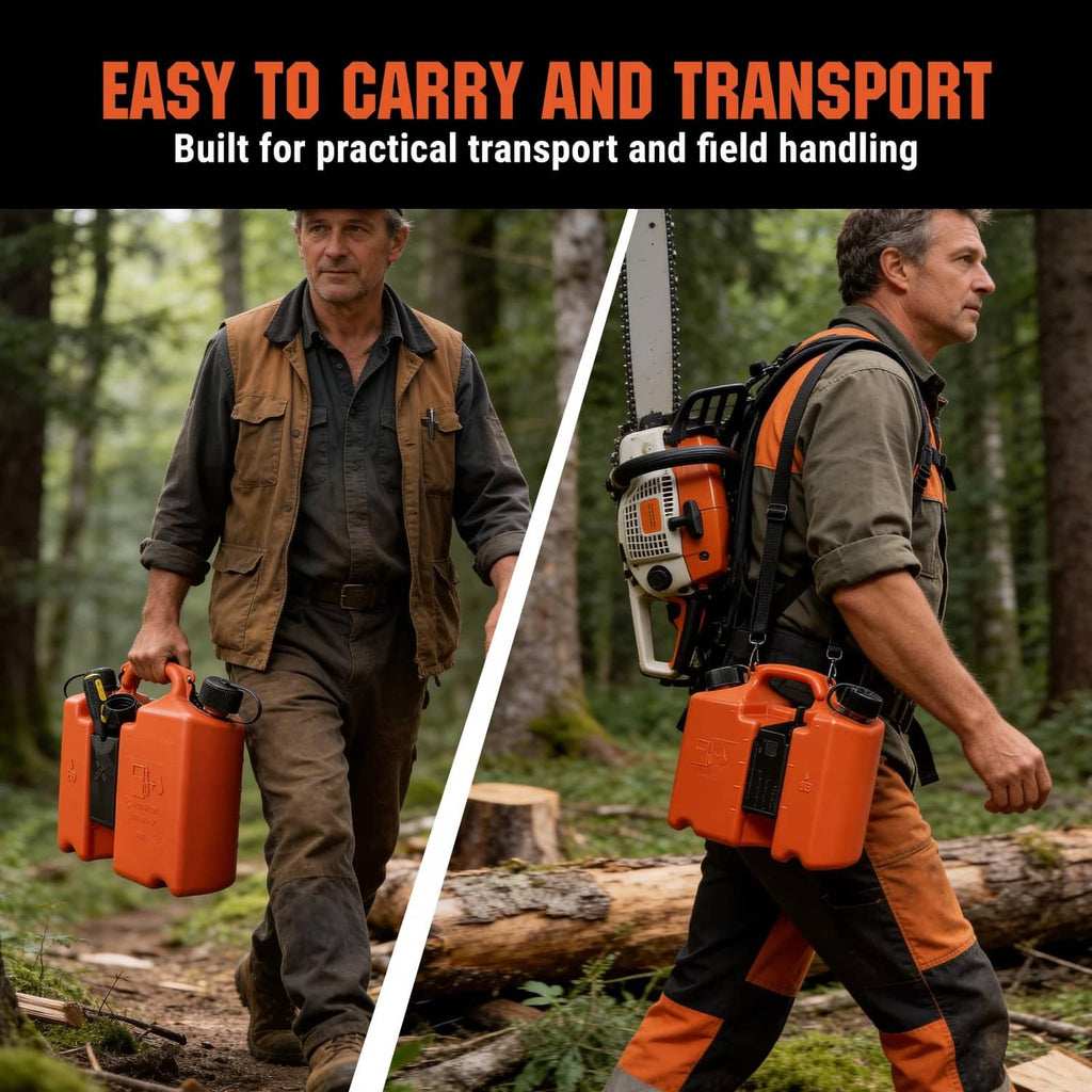 BAITEMEN dual-chamber fuel and bar oil can, orange, carried with black side handle and strap