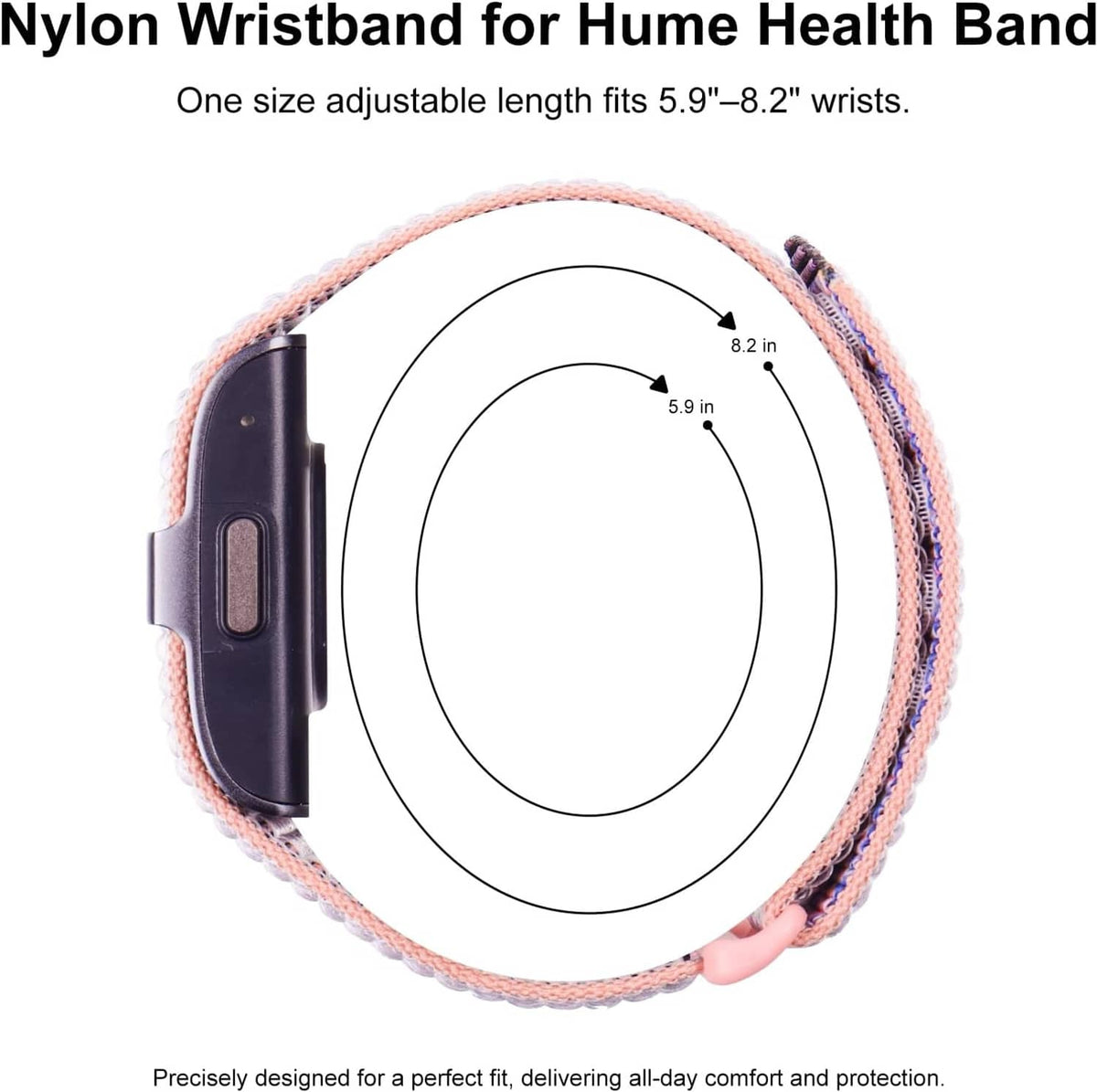 Adjustable pink woven nylon wrist band with gray clasp for Hume Health band