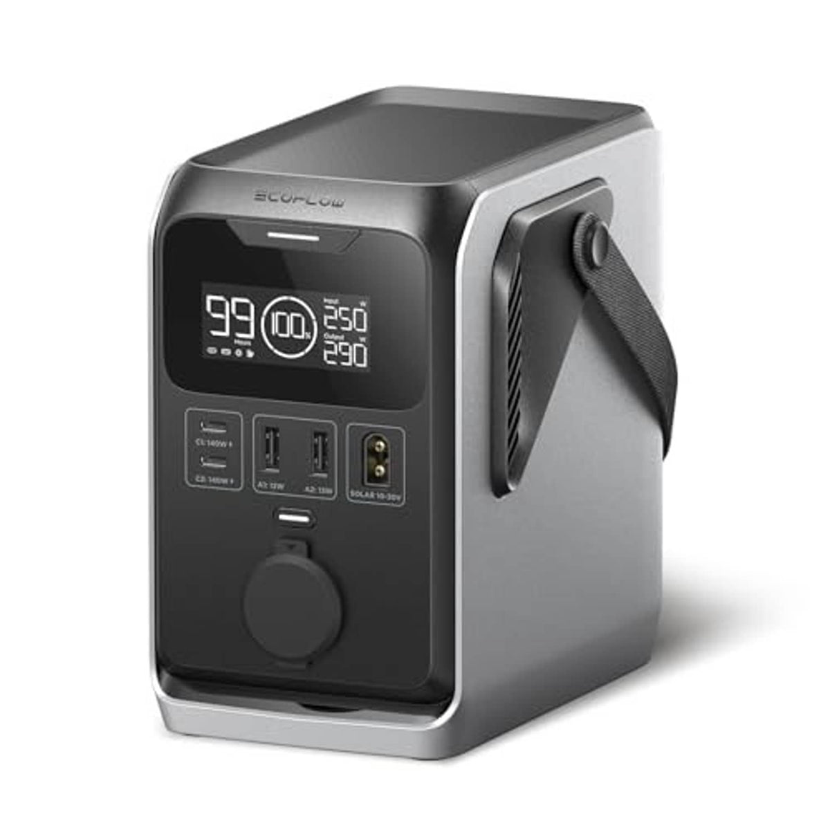 Portable power station front view with digital screen, USB and other ports, black and gray