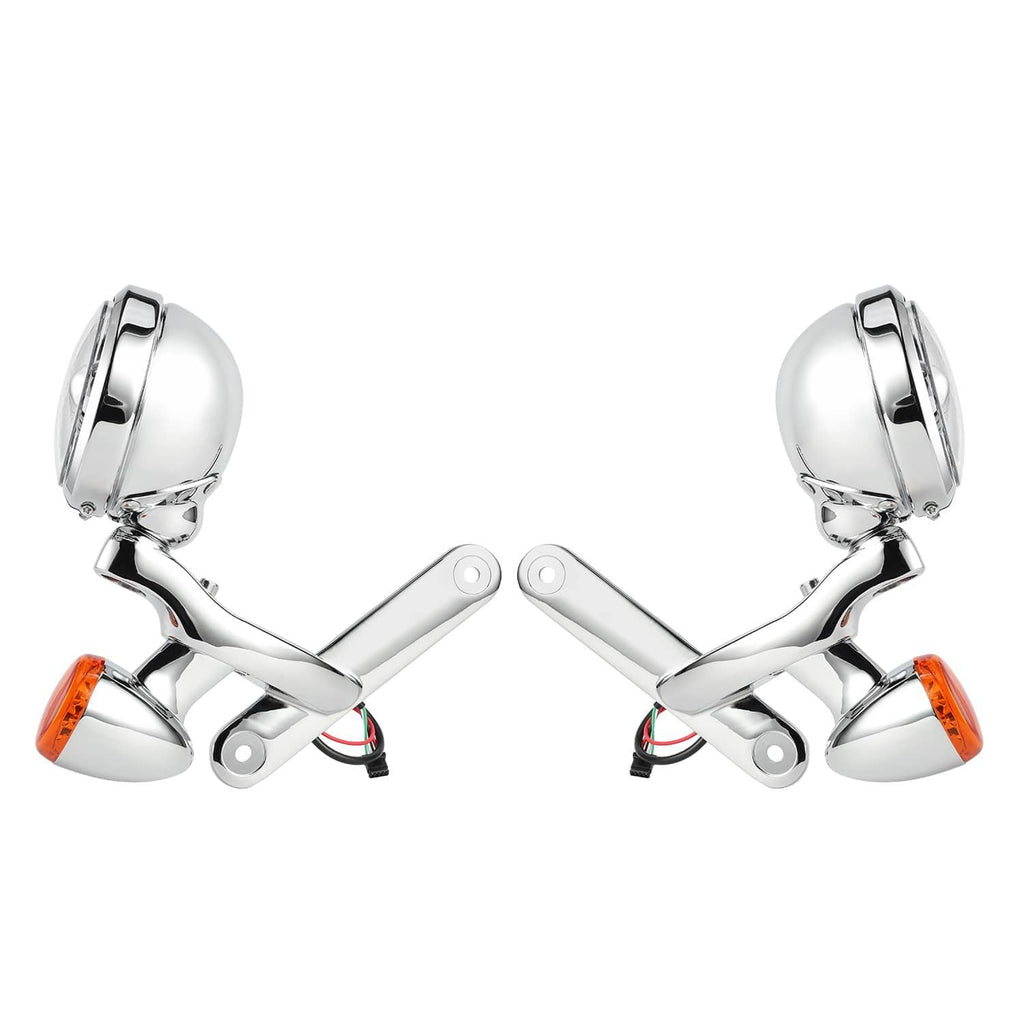 Chrome auxiliary LED fog spot lights with amber turn signal bulbs and mounting arms