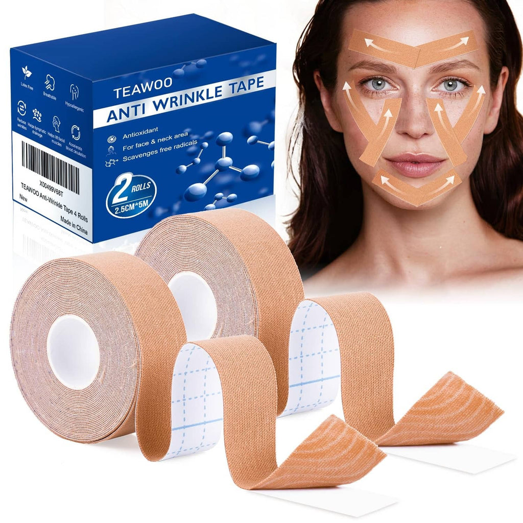 Beige anti-wrinkle face tape rolls with curved adhesive strips, 2 rolls