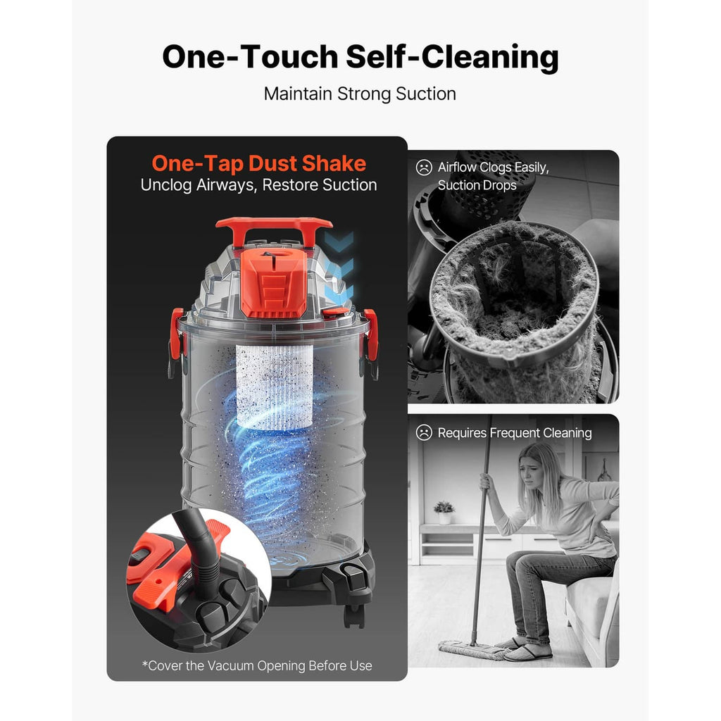 Wet/dry vacuum cleaner with self-cleaning dust-shake design shown