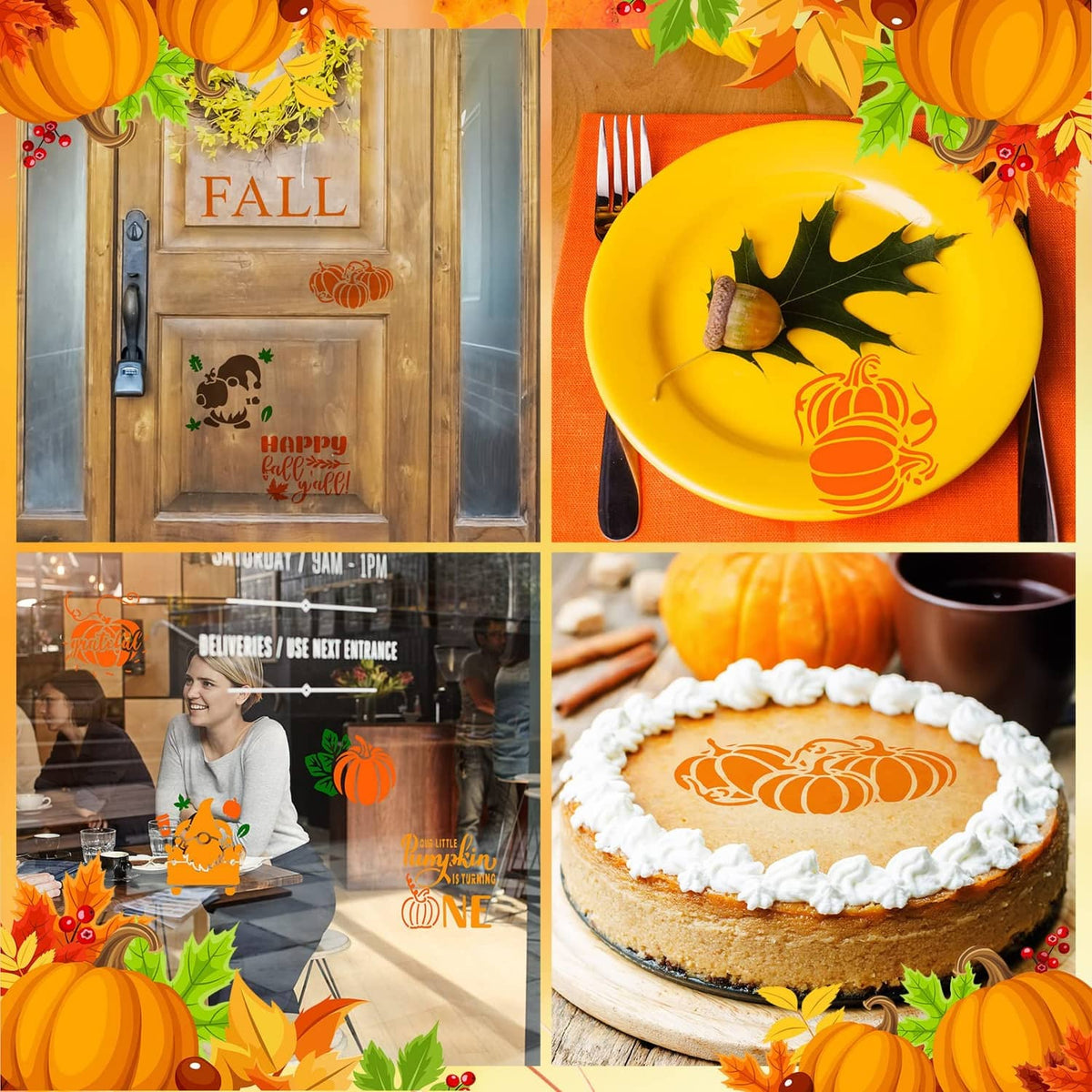 Fall stencil motifs on a door sign and a decorated cake