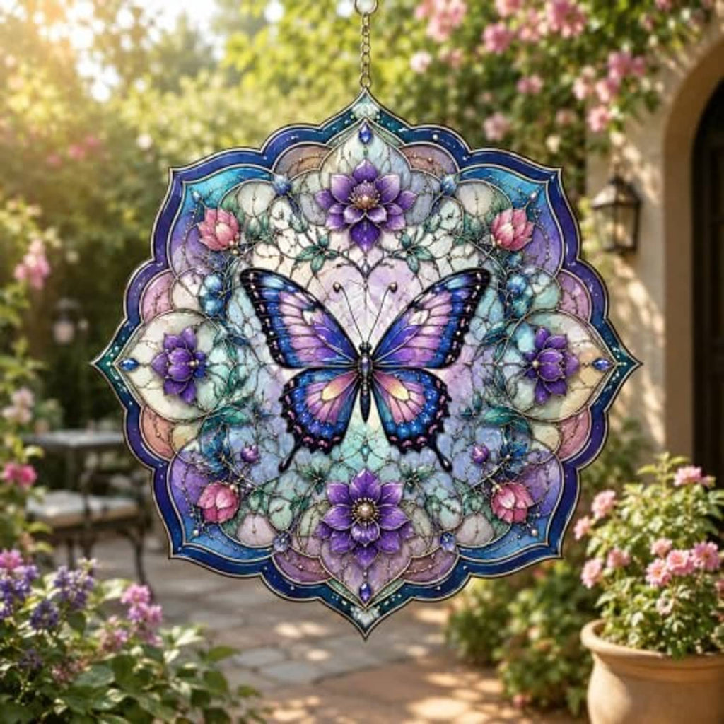 Blue-purple hanging butterfly wind spinner with detailed floral mandala and ring border