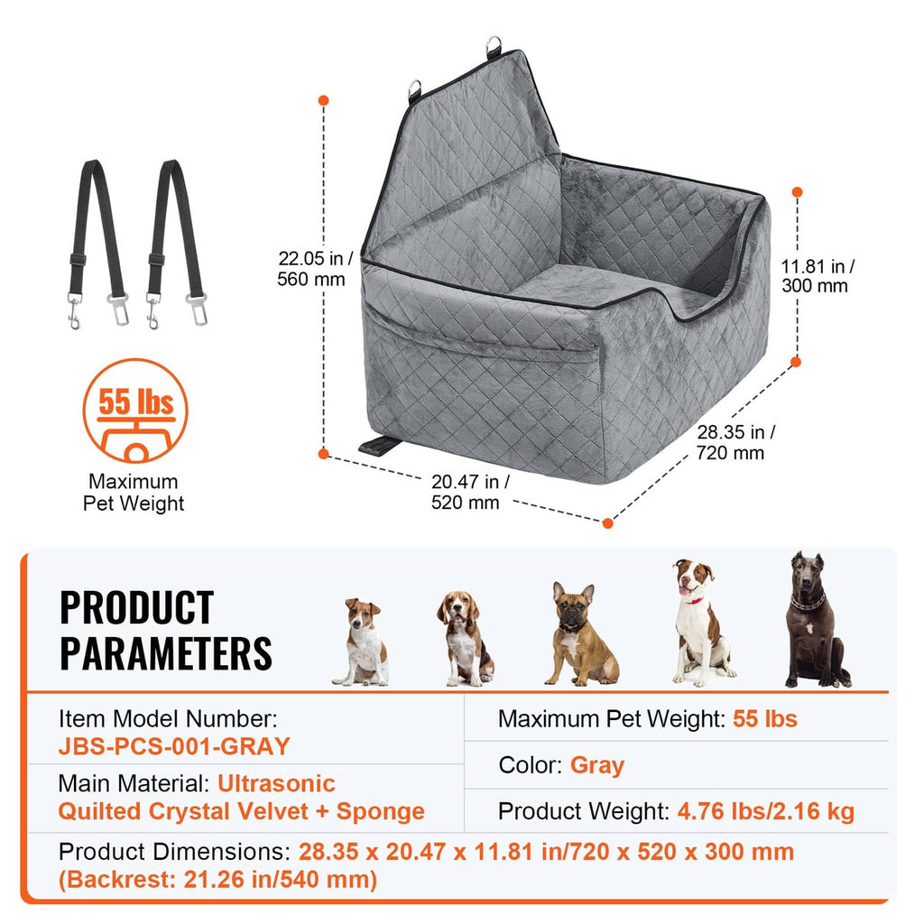 Gray quilted pet booster seat with hanging straps, open top, and padded base