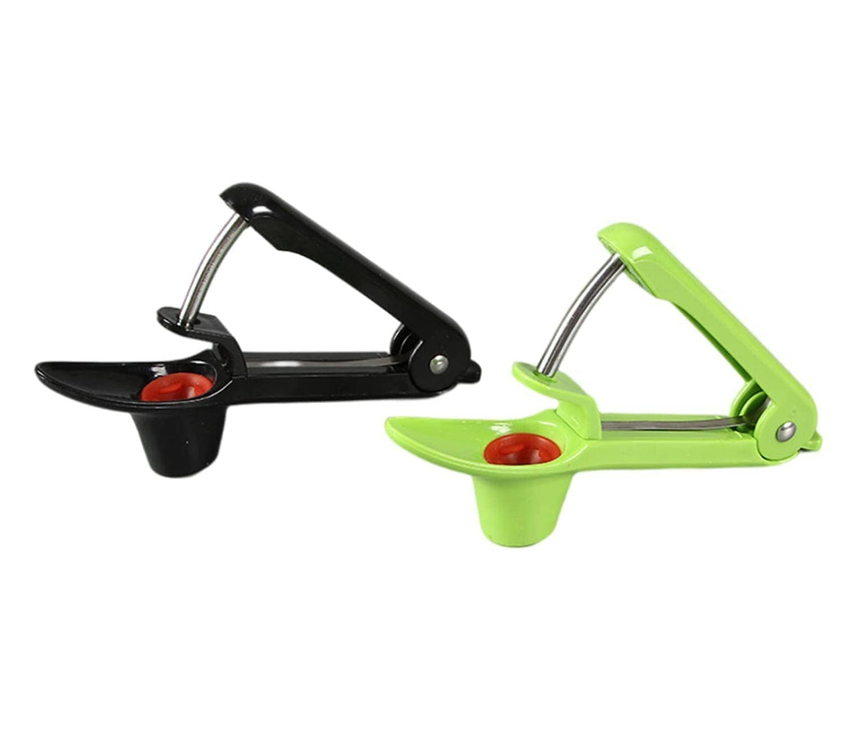 Cherry pitter tool set: one black and one green, each with metal prongs and catch cup