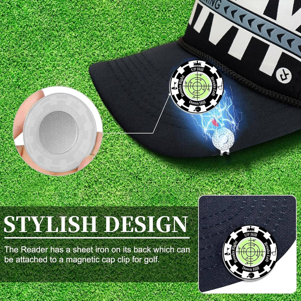Golf ball marker reader disc with green bubble level and black fabric magnet base