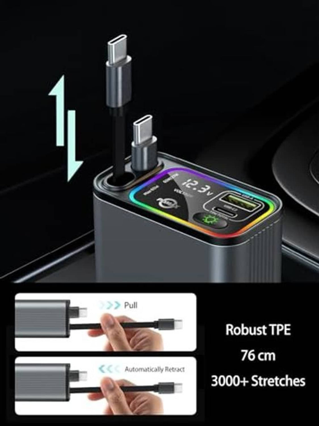 Retractable USB-C car charger with extended dual plug tips and glowing indicator screen