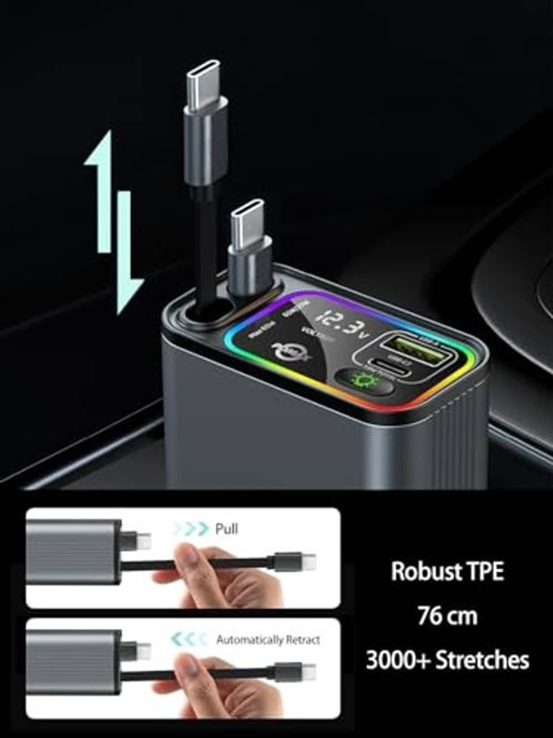 Retractable USB-C car charger with extended dual plug tips and glowing indicator screen