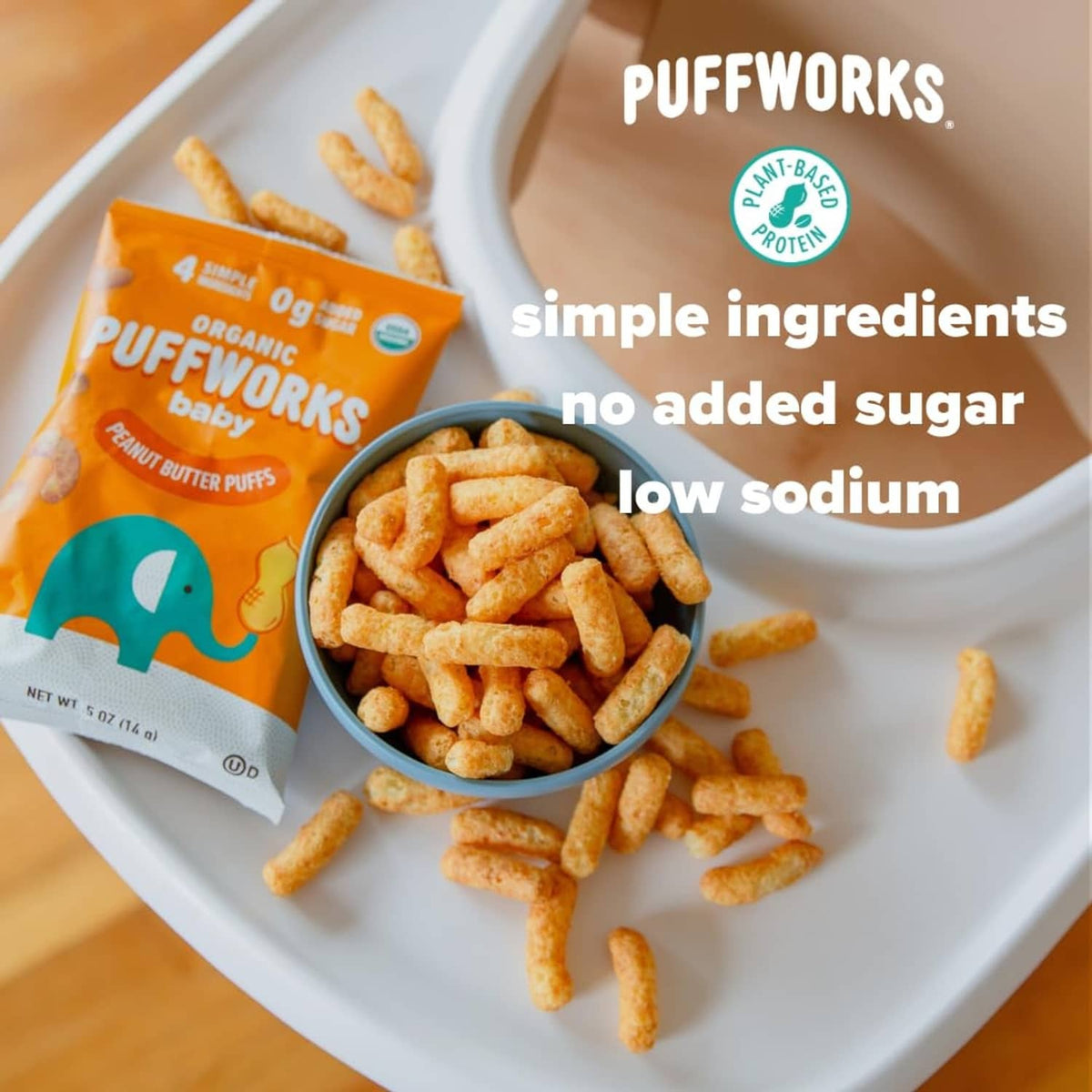 Organic baby peanut butter puff snacks with no added sugar and low sodium