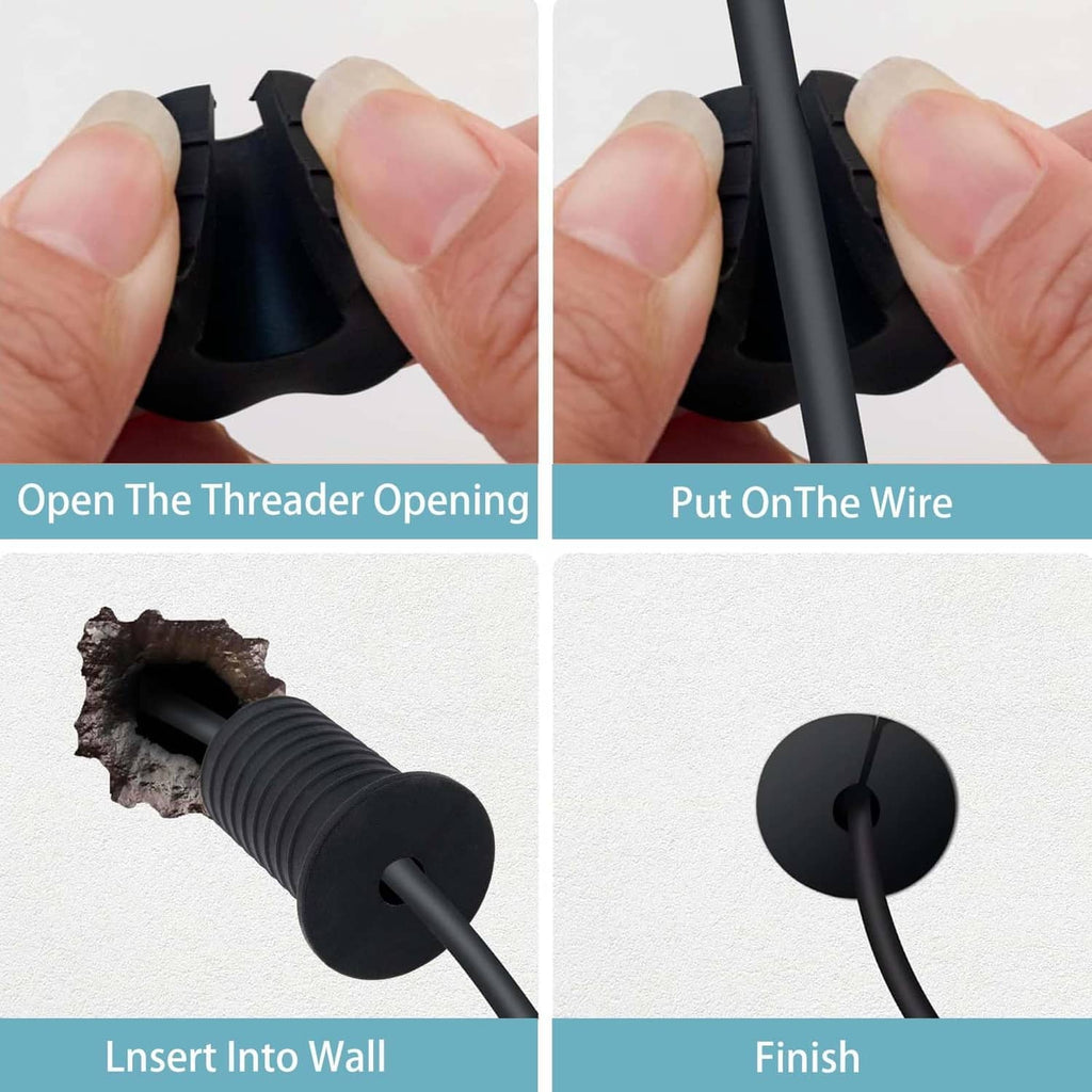 Hand installs black cable routing sleeve: open thread, fit over wire
